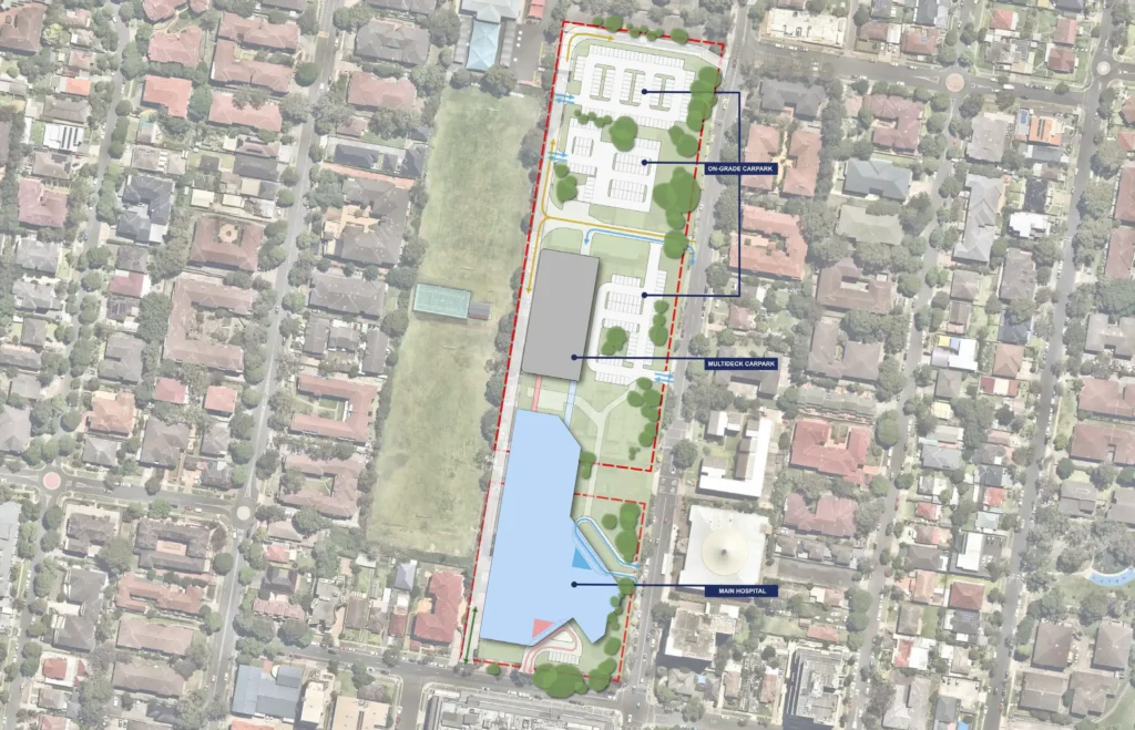 Aerial site plan showing the proposed New Bankstown Hospital campus on Chapel Road, with the main hospital building, multi-storey car park and on-grade parking areas labelled.