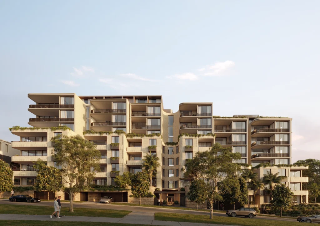 Architectural rendering of an eight-storey apartment building in Rose Bay featuring sandstone façades, deep balconies, landscaped terraces and street trees.