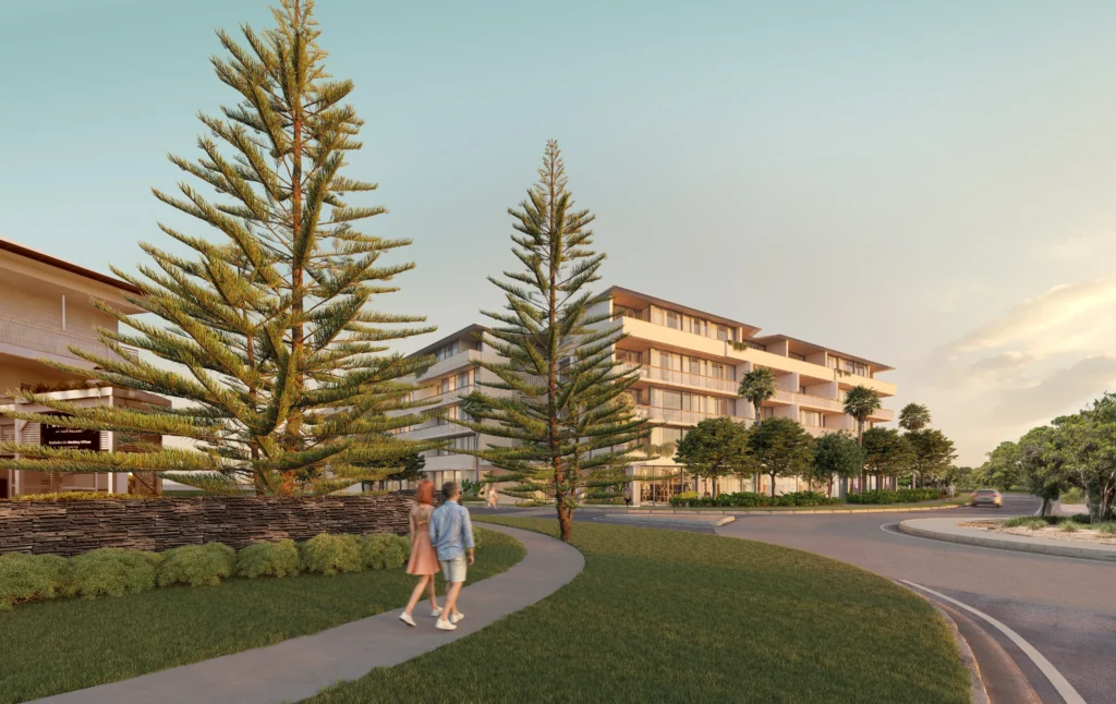 Architectural rendering of a five-storey mixed-use building at a landscaped gateway site, with pedestrians walking along a curved footpath and Norfolk pine trees in the foreground.