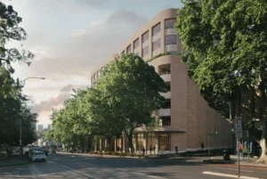 Proposed eight-storey mixed-use apartment building on Oxford Street in Paddington, with retail at street level and tree-lined streetscape.