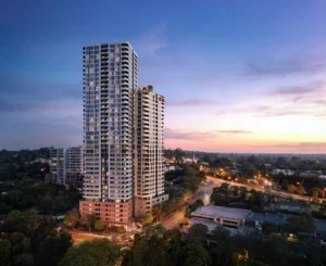 Aerial dusk render of a proposed 40-storey residential tower at the corner of Old Castle Hill Road and McMullen Avenue in Castle Hill.