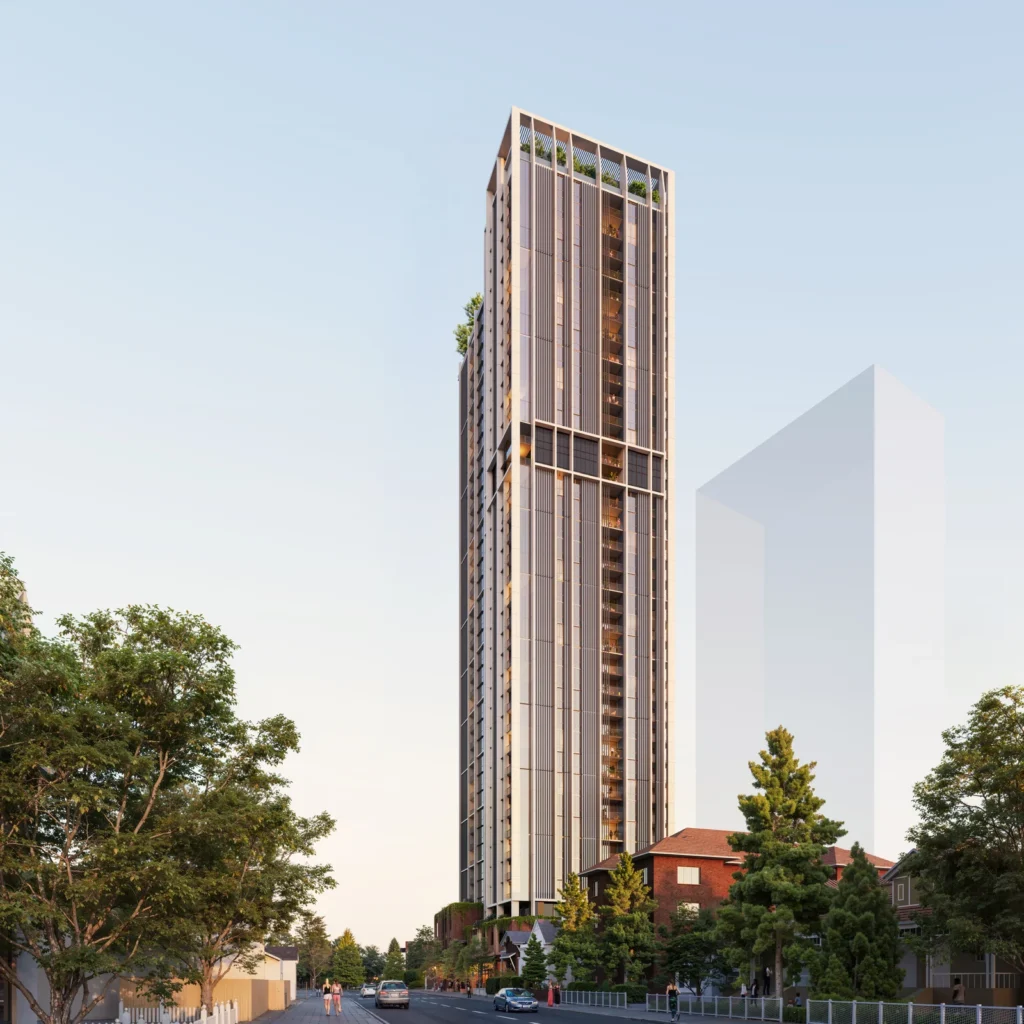 An architectural drawing showing building plans.