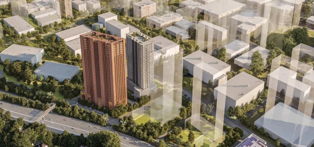 A set of architectural plans for the proposed towers.