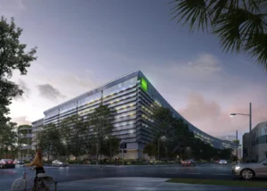 A set of architectural plans for a warehouse development.