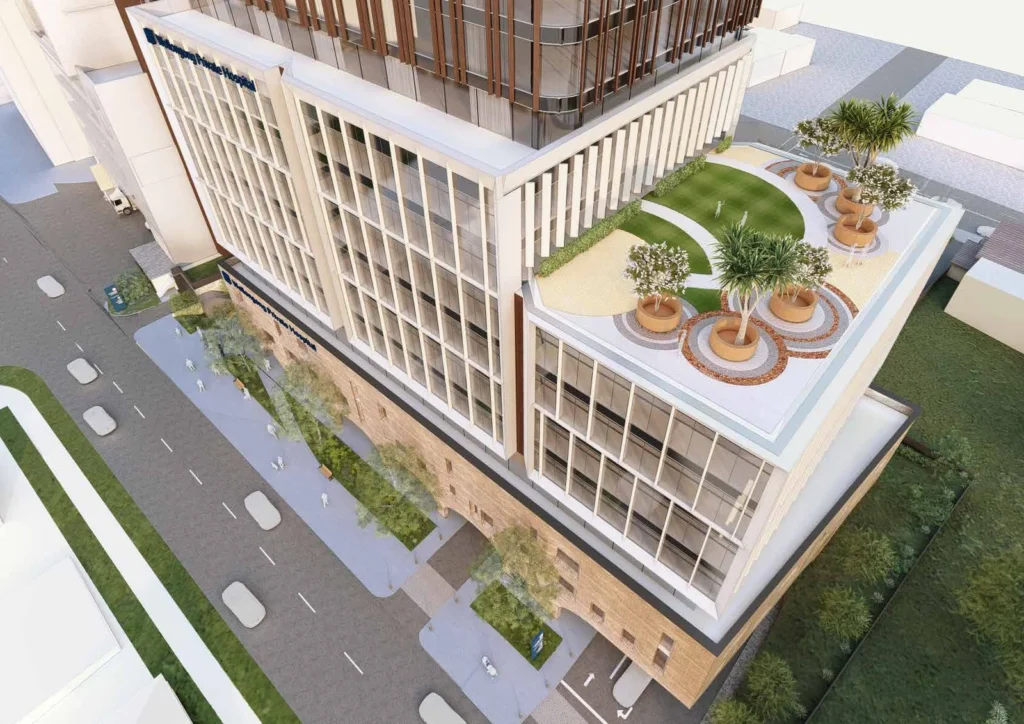 A set of architectural plans for the hospital expansion.