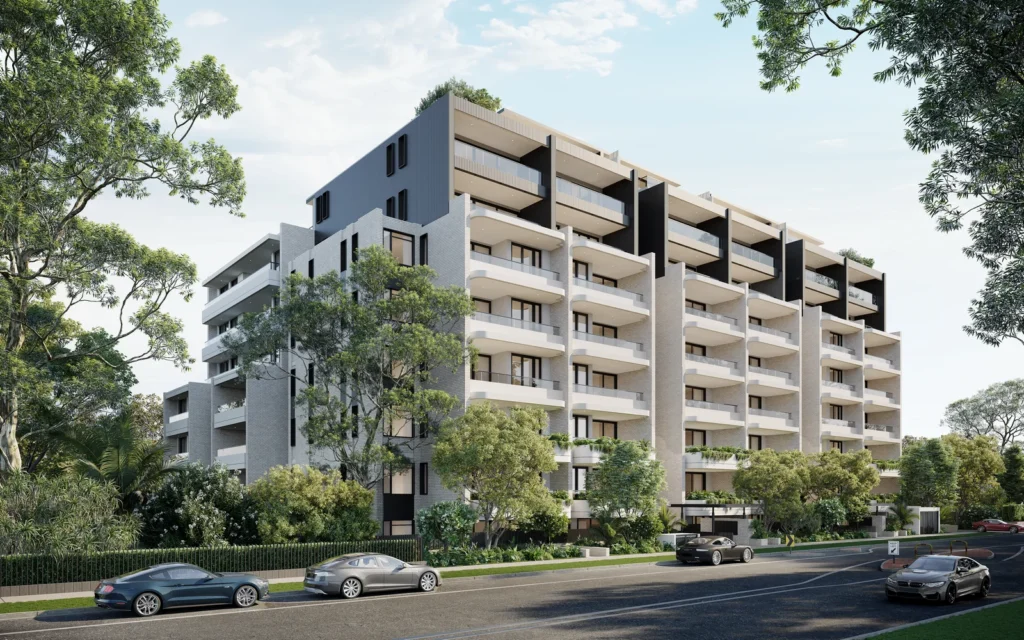Architectural visualisation for Residential flat building with in-fill affordable housing at 5-9 Cowan Road, St Ives at 5-9 Cowan Road, St Ives.